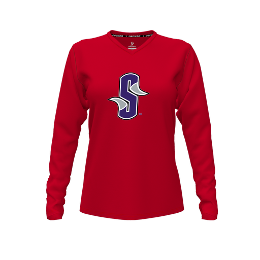 [FTLVPTRD-FYXS-LOGO3] Decker Performance T-Shirt (Female Youth XS, Red, V Neck, Logo 3, Long Sleeve)